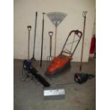 A SELECTION OF GARDEN TOOLS TO INCLUDE FLYMO HOVER MOWER, LEAF BLOWER AND HEDGE TRIMMER