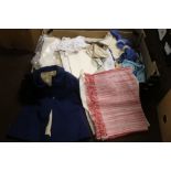 A TRAY OF ASSORTED LINEN, GLOVES ETC