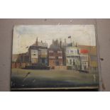 ENGLISH NAIVE SCHOOL PAINTING ON CANVAS, DEPICTING "THE HARBOUR MASTERS HOUSE, LIMEHOUSE" MONOGRAM