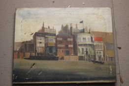 ENGLISH NAIVE SCHOOL PAINTING ON CANVAS, DEPICTING "THE HARBOUR MASTERS HOUSE, LIMEHOUSE" MONOGRAM