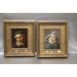 TWO GILT FRAMED OIL PAINTING PORTRAITS OF ELDERLY GENTLEMAN ATTRIBUTED TO OLLER ROSTROS 38 CM X 43