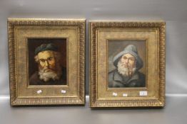 TWO GILT FRAMED OIL PAINTING PORTRAITS OF ELDERLY GENTLEMAN ATTRIBUTED TO OLLER ROSTROS 38 CM X 43