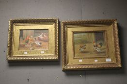 TWO FRAMED OILS ON BOARD OF CHICKENS AND DUCKS THE LARGEST 43 CM X 38 CM INCLUDING FRAME