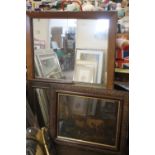 A LARGE FRAMED MIRROR TOGETHER WITH A CATTLE PICTURE AND TWO OTHERS