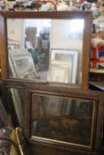 A LARGE FRAMED MIRROR TOGETHER WITH A CATTLE PICTURE AND TWO OTHERS