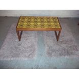 A TEAK TILE TOPPED COFFEE TABLE AND TWO RUGS