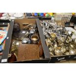 TWO TRAYS OF MAINLY METALWARE TO INCLUDE GOBLETS, FLATWARE ETC.