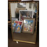 A GILT FRAMED MIRROR, 60 x 95 cm together with two prints
