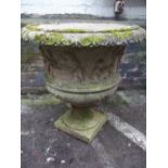 AN EXTRA LARGE RECONSTITUTED STONE PLANTER URN AND PLINTH