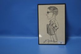 PAT ROONEY CHARCOAL CARICATURE SKETCH, signed 1938, under glass 28 x 19 cm