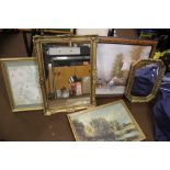 A QUANTITY OF PICTURES & MIRRORS TO INCLUDE GILT FRAMED EXAMPLES, THE LARGEST 78 X 66 CM