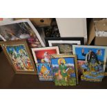 A QUANTITY OF PICTURES TO INCLUDE BRIGHTLY COLOURED ASIAN RELIGIOUS PICTURES