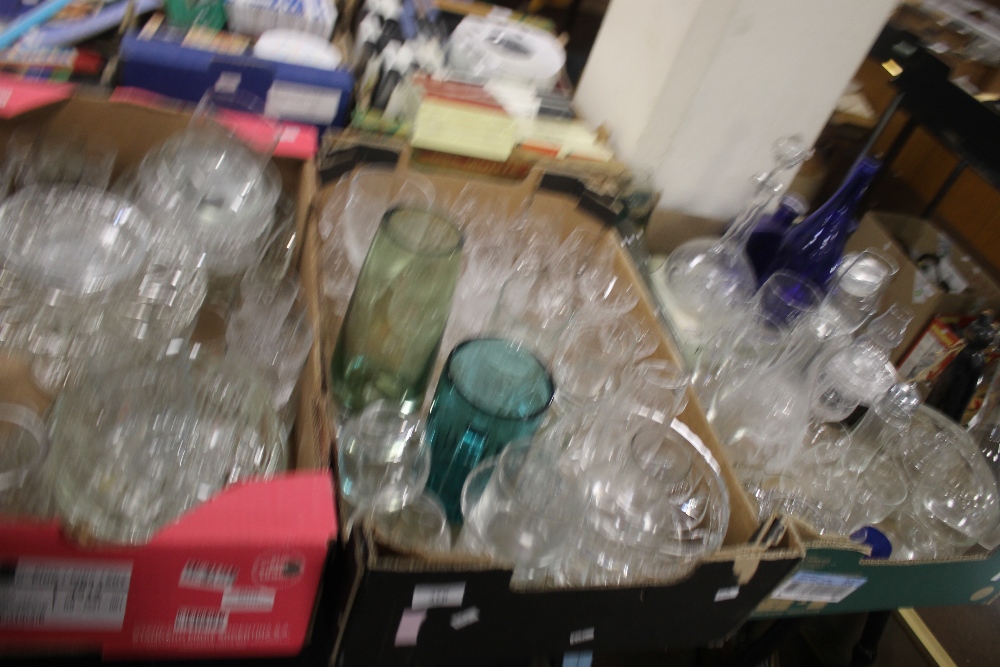 THREE TRAYS OF GLASSWARE TO INCLUDE DECANTER, FRUIT BOWL ETC. (TRAYS NOT INCLUDED)