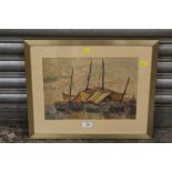 A FRAMED AND GLAZED MIXED MEDIA PICTURE OF A HARBOUR SCENE, INDISTINCTLY SIGNED LOWER RIGHT, 34 X