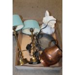 A PAIR OF MODERN BRASS EFFECT LAMPS, TOGETHER WITH CERAMIC AND COPPER JUGS ETC.