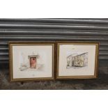 A PAIR OF FRAMED AND GLAZED MIXED MEDIA PICTURES ENTITLED 'GENCAY DOOR' AND 'GENCAY ALLEYWAY', BY