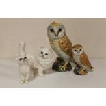 TWO BESWICK BARN OWLS TOGETHER WITH TWO BESWICK WHITE CATS (4)