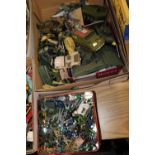 A BOX AND A TIN OF VINTAGE ARMY RELATED TOYS TO INCLUDE DINKY LEOPARD TANK, DINKY SHADO 2, ETC.