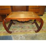 A CHINESE HARDWOOD CARVED TABLE W-89 CM A/F, A MODERN GLAZED LAMP TABLE TOGETHER WITH A CORNER