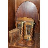 A VINTAGE WOODEN SPICE RACK, TOGETHER WITH A PAIR OF OAK BARLEY TWIST CANDLESTICKS, OVAL SERVING