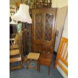 AN OAK CORNER CABINET, TWO LAMP STANDARDS, OAK SEWING BOX AND STOOL (5)