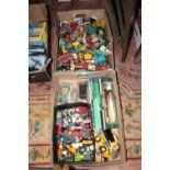 A LARGE QUANTITY OF VINTAGE DIE CAST TOY CARS AND VEHICLES TO INCLUDE CORGI ERF MODEL 64, CORGI
