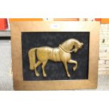 A GILT FRAMED BRONZE TYPE PLAQUE OF A HORSE, OVERALL SIZE, 38.5 X 30.5 CM