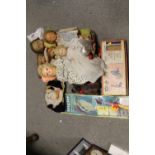 A COLLECTION OF VINTAGE DOLLS, TOGETHER WITH A BOXED ZIPPY ZITHER, JUNIOR ANGLER FISHING ROD ETC.