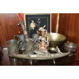 A COLLECTION OF CHINESE AND ORIENTAL METALWARE TO INCLUDE PEWTER AND GLASS TANKARDS, MUSICAL GONDOLA