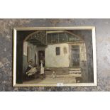 A GILT FRAMED OIL ON BOARD COURTYARD SCENE WITH FIGURE, 50 X 36 CM