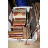 A TRAY OF VINTAGE AND ANTIQUARIAN BOOKS TO INCLUDE LEATHER BOUND EXAMPLES PLUS A SELECTION OF THE NE