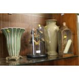 A MODERN CERAMIC VASE ON BRASS BASE, TOGETHER WITH A MODERN DECORATIVE GILT BUTTERFLY DISPLAY