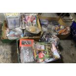 THREE TRAYS OF BATMAN AND MARVEL COMICS WITH FIGURES, CHESS PIECES ETC