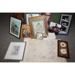 A QUANTITY OF PICTURES, PRINTS AND CLOCKS TO INCLUDE DECOUPAGE PICTURES, UNFRAMED MAPS