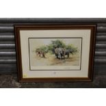 A FRAMED AND GLAZED SIGNED LIMITED EDITION DAVID SHEPHERD PRINT ENTITLED 'KILAGUNI BABIES' 575/1000,