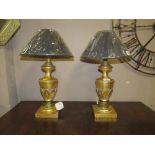A PAIR OF MODERN GILT TABLE LAMPS AND HARRODS SHADES H-51 CM (OVERALL)