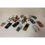 A COLLECTION OF CORGI AND DINKY DIECAST TOY CARS TO INCLUDE A CORGI COMICS POPEYE PADDLE WAGON A