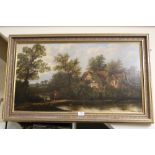 A 19TH CENTURY BRITISH SCHOOL GILT FRAMED OIL ON CANVAS OF A COUNTRY SCENE WITH BUILDINGS AND A