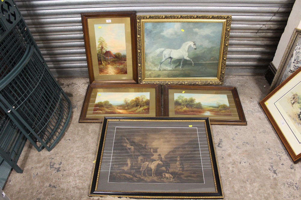 A PAIR OF FRAMED AND GLAZED OIL PAINTINGS OF COUNTRY LANDSCAPES TOGETHER WITH ANOTHER, A PRINT OF