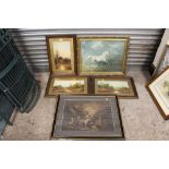 A PAIR OF FRAMED AND GLAZED OIL PAINTINGS OF COUNTRY LANDSCAPES TOGETHER WITH ANOTHER, A PRINT OF