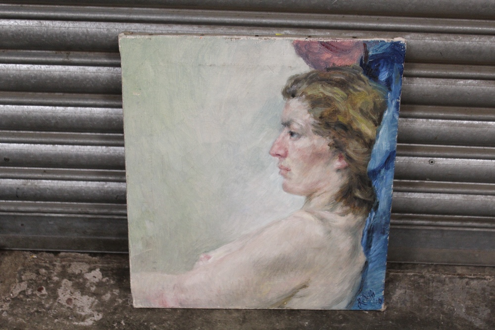 AN UNFRAMED OIL ON CANVAS PROFILE STUDY OF A FEMALE NUDE, SIGNED RUDOLF LOWER RIGHT, 41 X 45 CM