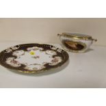 A COALPORT LEIGHTON CABINET PLATE TOGETHER WITH A ROYAL CROWN DERBY TUREEN (2)