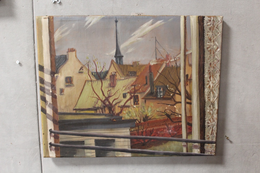 AN UNFRAMED OIL ON CANVAS DEPICTING A ROOFTOP SCENE, 50.5 X 40 CMNOTE - HOLE TO LEFT SIDE OF CANVAS