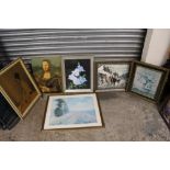 A COLLECTION OF PICTURES AND PRINTS TO INCLUDE AN OIL ON BOARD OF THE MONA LISA, RETRO PRINTS OF A