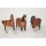 THREE MATT FINISH BESWICK HORSES COMPRISING SHIRE MARE, CANTERING RACEHORSE AND ANOTHER SHIRE HORSE