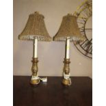 A PAIR OF MODERN GILT TABLE LAMPS AND LEOPARD TYPE SHADES H-69 CM (OVERALL)