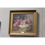 A GILT FRAMED OIL ON BOARD STILL LIFE STUDY, MONOGRAMMED LOWER LEFT, 33 X 29 CM