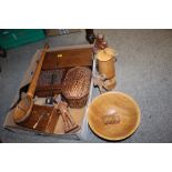 A TRAY OF TREEN TO INCLUDE WOODEN LIDDED BOXES, CARVED FIGURES ETC.