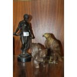 A BRONZE EFFECT FIGURE OF A LADY ON PLINTH TOGETHER WITH A CAST METAL FIGURE OF A SQUIRREL AND A