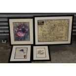 FOUR FRAMED AND GLAZED PICTURES TO INCLUDE A VINTAGE JAPANESE MAP